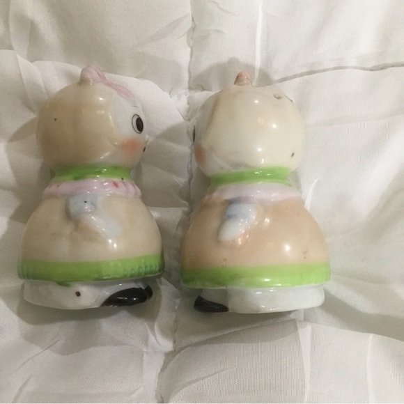 Roly Poly Heart Mouth Green Pink Girls Bows Salt Pepper Shakers Corks Japan VTG - Picture 4 of 8